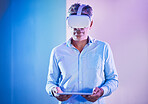 Man, vr and headset with tablet in studio for virtual reality, gaming or metaverse on internet. Model, elderly and AR for technology, future or augmented reality on digital, app or web in studio