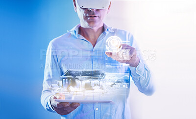 Buy stock photo Man, vr and architect with model, building or house for 3d, virtual and digital with tech. Man, design and metaverse with home, architecture or hologram for vision, goal or virtual reality in company