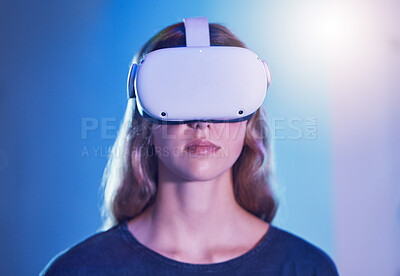 Buy stock photo VR science future, woman robot in ai augmented reality, digital technology in cyberspace or gamer user experience. Virtual reality innovation, scifi metaverse gaming or 360 online vision ux glasses