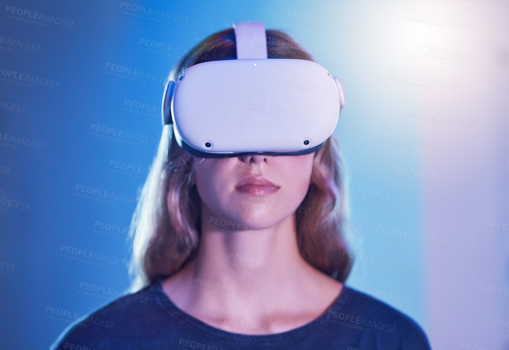 Buy stock photo VR science future, woman robot in ai augmented reality, digital technology in cyberspace or gamer user experience. Virtual reality innovation, scifi metaverse gaming or 360 online vision ux glasses