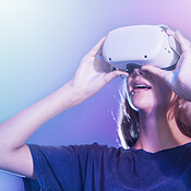 VR Metaverse And Woman With Glasses Against A Neon Mockup Background 