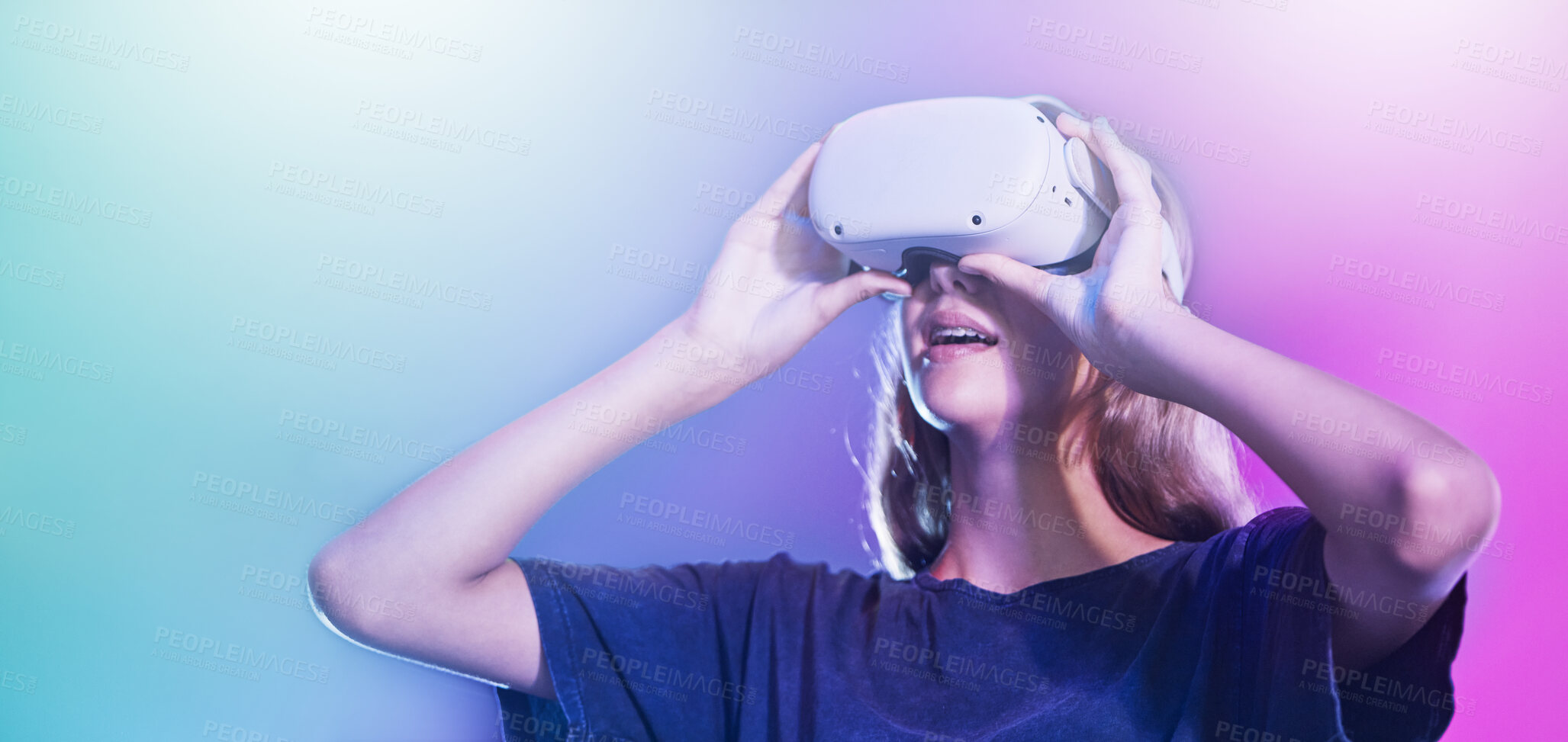 Buy stock photo VR, metaverse and woman with glasses against a neon mockup background. Virtual reality, gaming and girl with futuristic technology, 3d innovation and creative experience with digital tech for vision