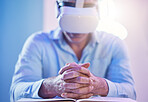 Business, vr and businessman with glasses, book and information in a metaverse for work. Employee learning through ai technology, digital creative tech and virtual reality experience at a desk