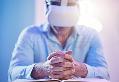 Buy stock photo Business, vr and businessman with glasses, book and information in a metaverse for work. Employee learning through ai technology, digital creative tech and virtual reality experience at a desk