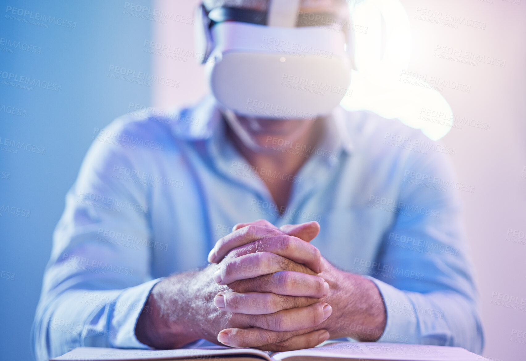 Buy stock photo Business, vr and businessman with glasses, book and information in a metaverse for work. Employee learning through ai technology, digital creative tech and virtual reality experience at a desk