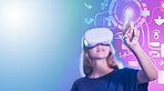 Vr, woman and digital tech hologram, icons and virtual reality mockup space. Metaverse, 3d future app or female click virtual world button, cyber ux or online, internet or web interface for software
