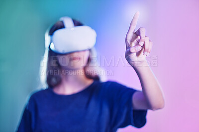 Buy stock photo Woman hand with vr headset, ux technology and screen touching virtual reality ai system. Digital transformation in ai metaverse, web button on user website and working online 3d graphic designer