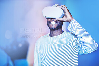 Buy stock photo Future of digital innovation, black man with virtual reality headset in AI metaverse or 3d neon background. Gamer vr technology with augmented reality, scifi ux goggles or futuristic Africa