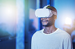 Black man with future glasses, virtual reality in digital innovation and African metaverse user experience. Scifi futuristic vision in tech, gamer streaming cyberspace and online learning ar science