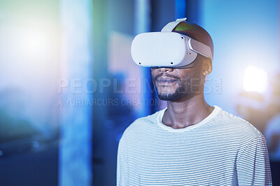 Buy stock photo Black man with future glasses, virtual reality in digital innovation and African metaverse user experience. Scifi futuristic vision in tech, gamer streaming cyberspace and online learning ar science