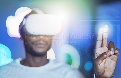 Buy stock photo VR man, fingerprint and cyber innovation, user connection and ui biometric login to network password, digital future and metaverse. Hands click on virtual reality, cyber dashboard and futuristic tech