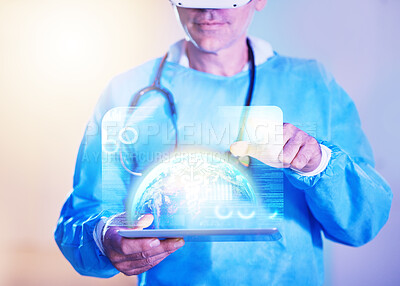 Buy stock photo VR, doctor and tablet, global healthcare vision, tech research and futuristic innovation in metaverse, world medical data science and ai hologram. Surgeon man, virtual reality and digital consulting 