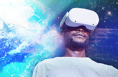 Buy stock photo Virtual reality, futuristic and black man playing game in a galaxy metaverse with technology. Vr, video game and African guy with future high tech cyber digital hologram simulation gaming on internet