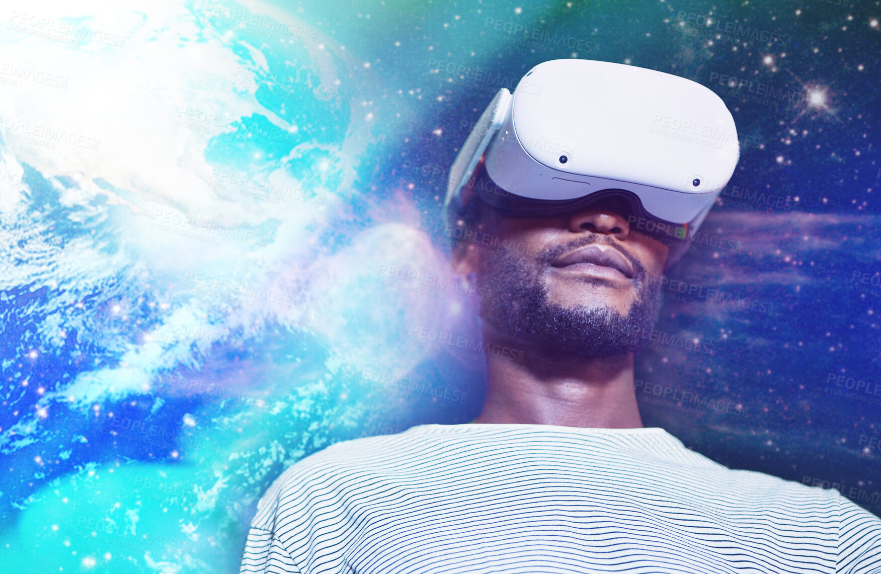 Buy stock photo Virtual reality, futuristic and black man playing game in a galaxy metaverse with technology. Vr, video game and African guy with future high tech cyber digital hologram simulation gaming on internet