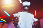 Man, VR gaming innovation and controller for metaverse, digital fantasy and cyber video game in neon lighting. Gamer hands, virtual reality and 3d futuristic games experience with glasses technology 