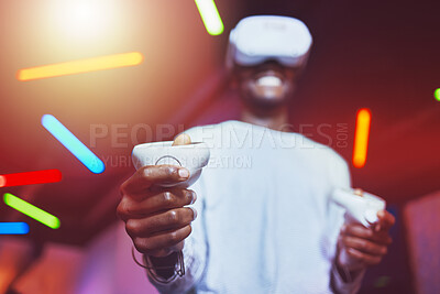 Buy stock photo Man, VR gaming innovation and controller for metaverse, digital fantasy and cyber video game in neon lighting. Gamer hands, virtual reality and 3d futuristic games experience with glasses technology 