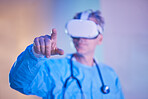 Doctor, finger and vr technology in healthcare, medical worker with virtual reality headset. Innovation, futuristic tech and ux for healthcare worker doing medical work and science research online