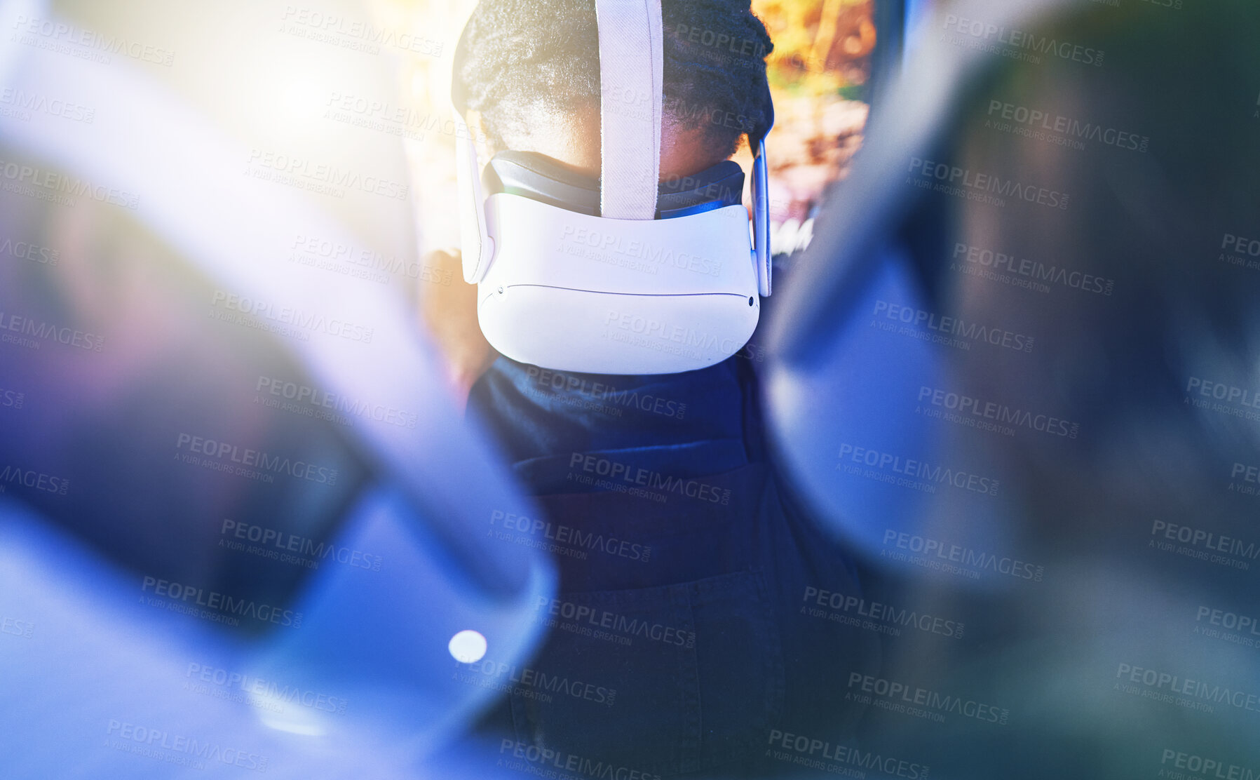 Buy stock photo Metaverse, glasses and virtual reality gamer group playing online game with futuristic gadgets. Vr, future and cyber gaming people with modern headset for 3d design and interactive play.

