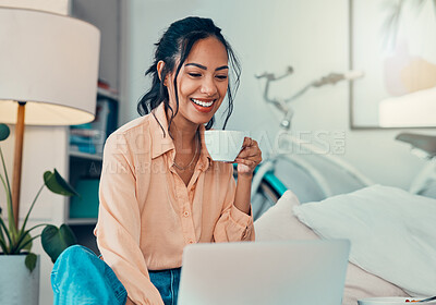 Buy stock photo Coffee, laptop and woman relax on bed at home, typing or reading email while drinking espresso. Tea, internet surfing and Brazilian remote worker or freelance writer on computer writing blog in house