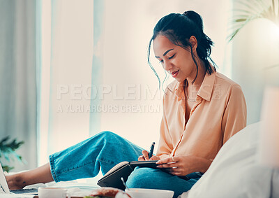 Buy stock photo Black woman, notebook and writing for planning, notes and happy student in bed, comfortable and thinking. Creative girl, happiness and artist with idea, notepad or creating list for budget in bedroom