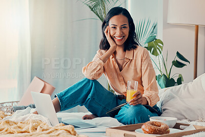 Buy stock photo Breakfast, bedroom and woman on laptop, notebook and juice for food writer blog, copywriting or social media post planning. Relax morning and protein portrait of entrepreneur or work from home girl