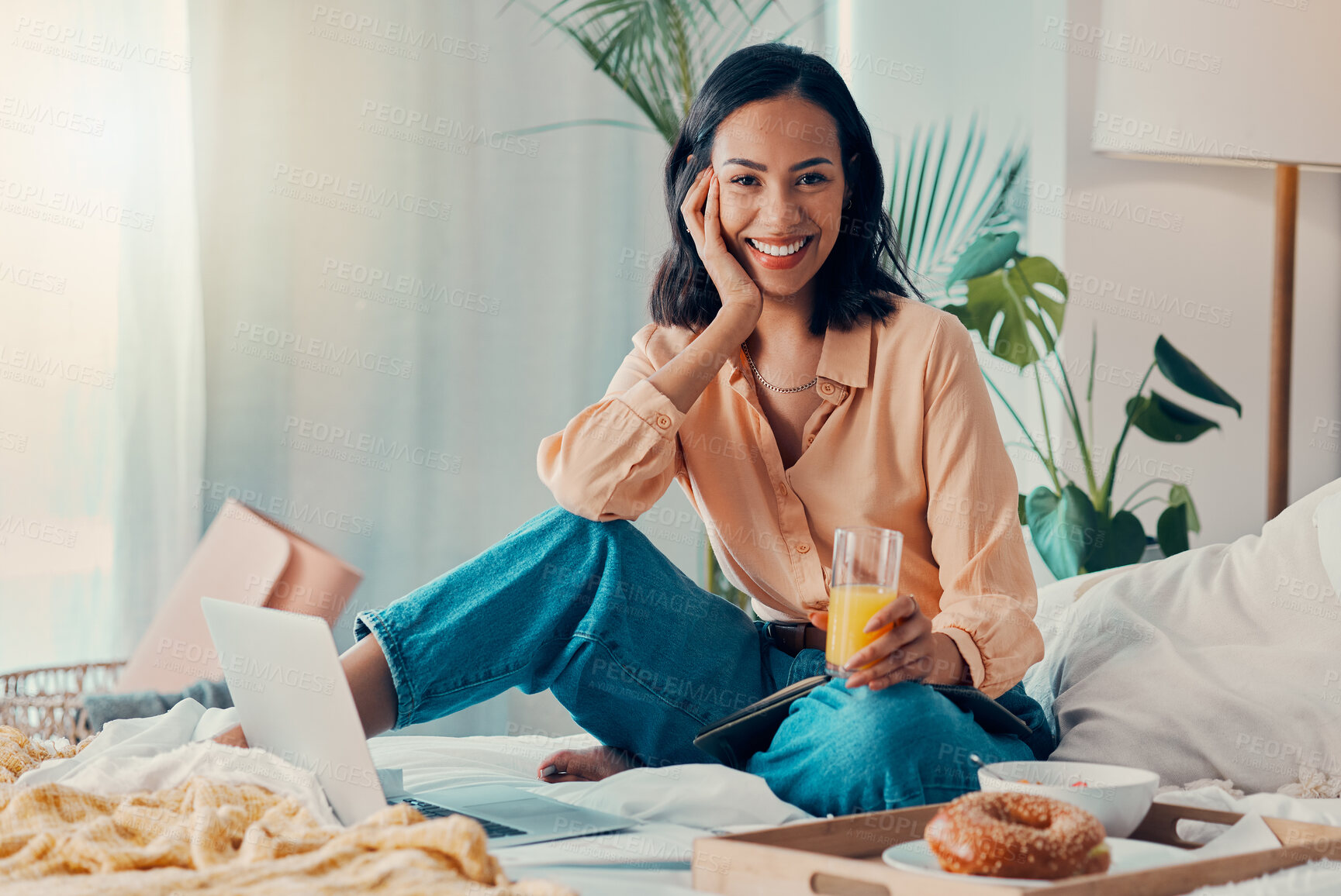 Buy stock photo Breakfast, bedroom and woman on laptop, notebook and juice for food writer blog, copywriting or social media post planning. Relax morning and protein portrait of entrepreneur or work from home girl