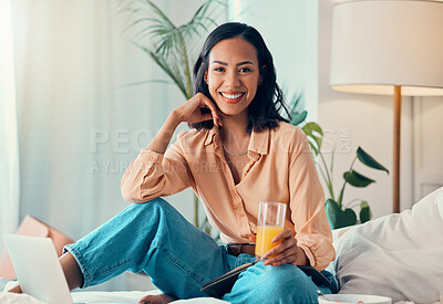 Buy stock photo Woman, smile and portrait on bed with laptop, juice or book to study, planning or happiness in home. Student, learning or education with computer, notebook or orange juice in bedroom, happy or online