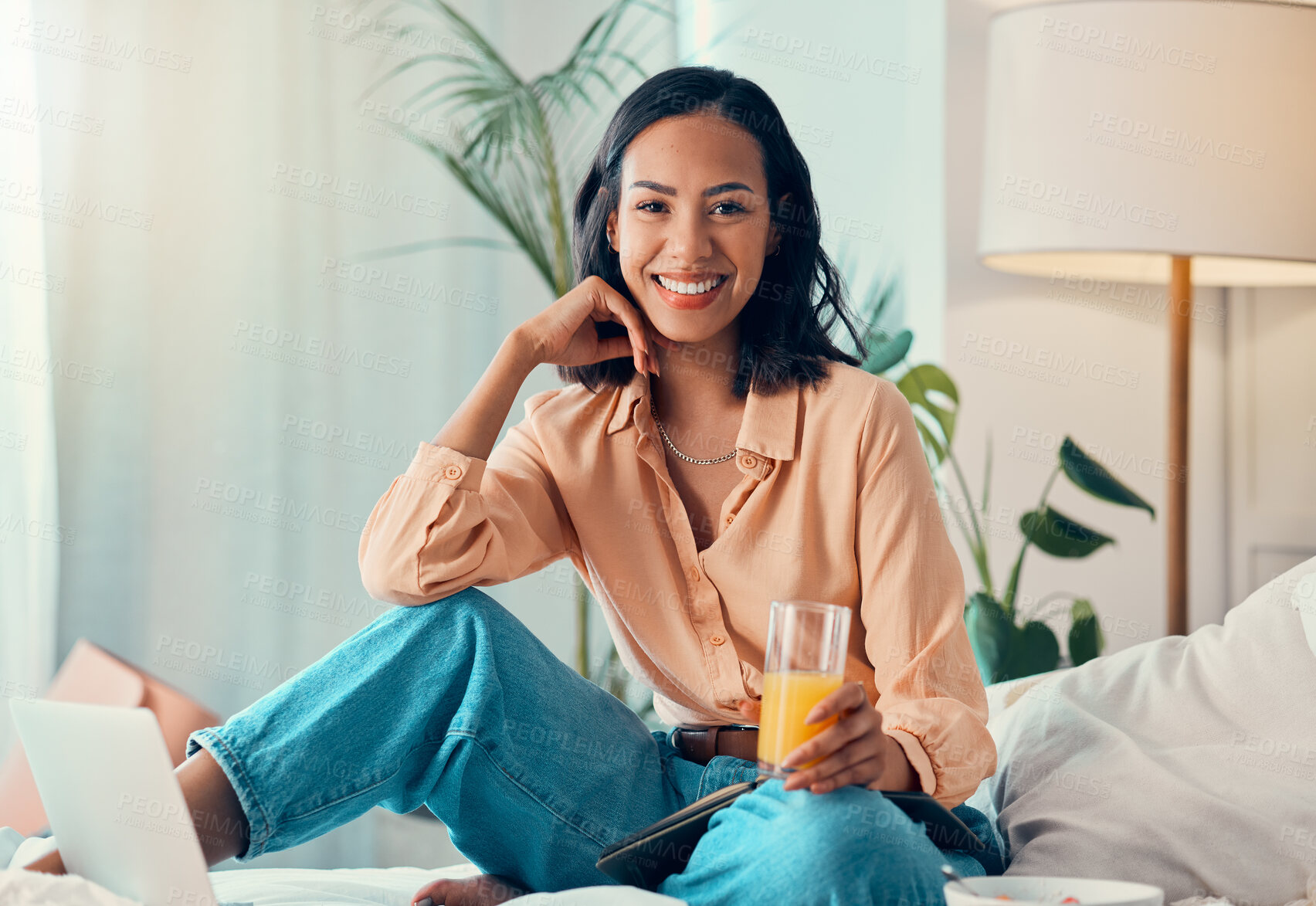 Buy stock photo Woman, smile and portrait on bed with laptop, juice or book to study, planning or happiness in home. Student, learning or education with computer, notebook or orange juice in bedroom, happy or online