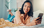 Happy woman, funny social media phone and thinking of  online dating profile notification in bedroom in Spain. Young smile female relax at home, smartphone connection and 5g mobile network technology