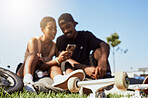 Couple, phone or bonding in skateboard park, nature garden or grass field on internet search, trick tutorial or stunt learning. Smile, happy or skateboarder man and black woman with mobile technology