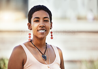 Buy stock photo Portrait, African hipster woman and gen z fashion, millennial trendy edgy smile and happy confident urban lifestyle girl. Happiness, proud and natural beauty face freedom vision enjoy day in city