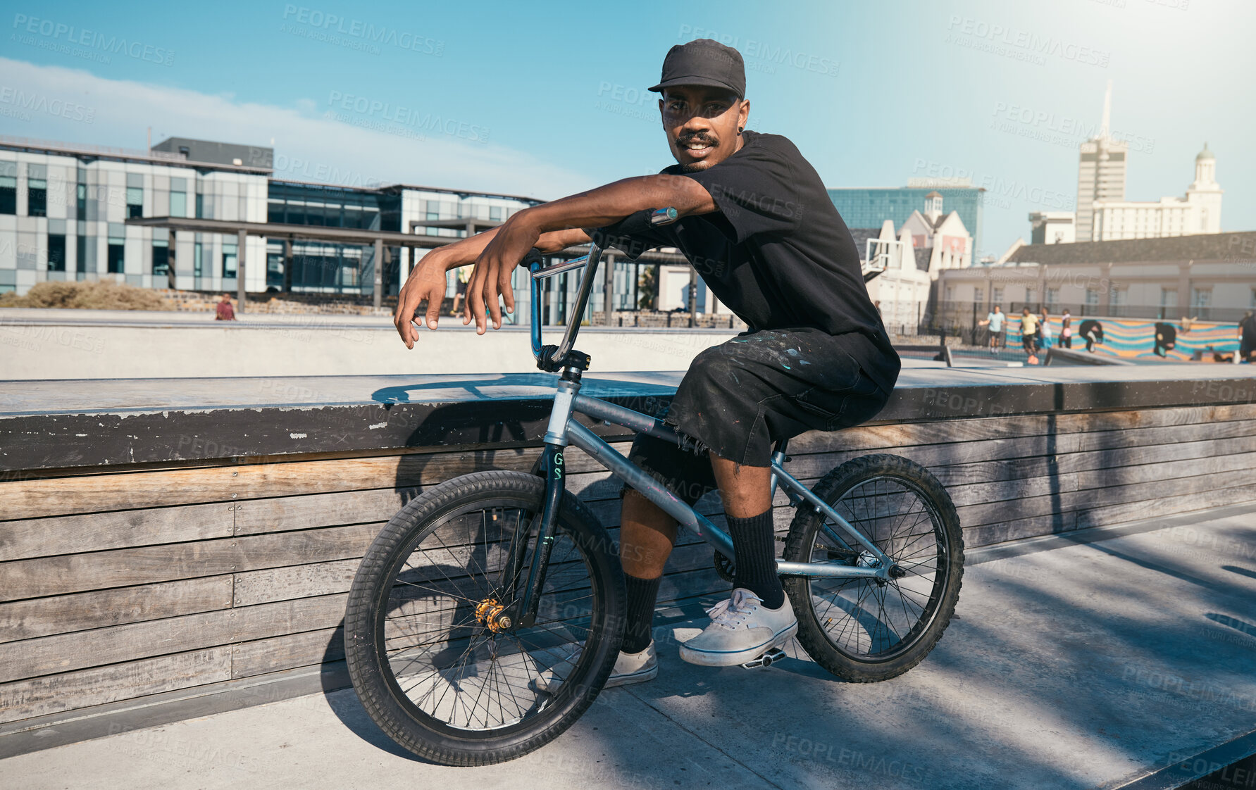 Buy stock photo Bike, portrait and man cycling in a park for travel, adventure and sport in the city of Canada. African person training with a bicycle in the street for eco friendly and sustainable transportation