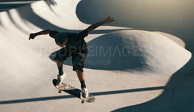 Man, skater and skateboard at park in air, trick or jump on ramp with speed, technique and sport. Skateboarder, action and concrete at event, game or contest with shoes in summer, sunshine or outdoor