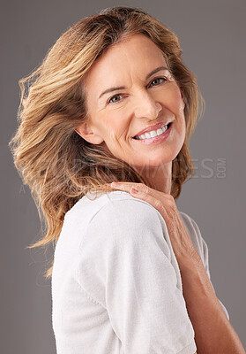 Buy stock photo Skincare, beauty and portrait of senior woman with confidence, natural beauty and smile. Old woman posing for anti aging beauty products, dermatology care and skin wellness on gray background studio