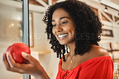 Buy stock photo Supermarket, shopping and black woman with quality apple check, healthy food price and discount for commerce, retail and supply chain industry. Happy woman in grocery store with fruits for nutrition