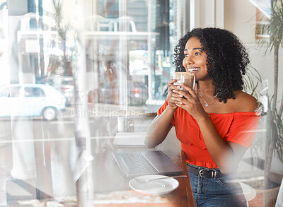 Buy stock photo Coffee shop, thinking and happy black woman in cafe drinking espresso or cappuccino while doing remote work on laptop. Freelance female with drink for motivation, idea and wifi for blog in London