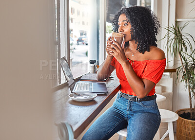 Buy stock photo Coffee shop, thinking and black woman drinking her coffee and looking out window. Student working with laptop in cafe, taking a break to drink hot chocolate, think and brainstorm ideas for project