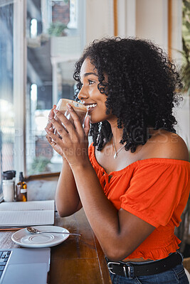 Buy stock photo Coffee, relax and happy black woman in cafe enjoying caffeine, espresso or cappuccino while working on laptop. Freelancer, remote worker or female from South Africa drinking beverage on writing break