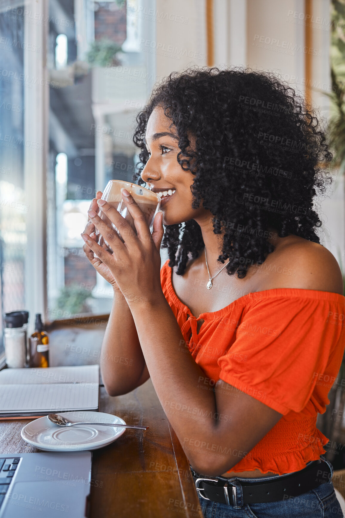 Buy stock photo Coffee, relax and happy black woman in cafe enjoying caffeine, espresso or cappuccino while working on laptop. Freelancer, remote worker or female from South Africa drinking beverage on writing break