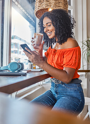 Buy stock photo Phone, coffee and woman on social media at a cafe relaxing while enjoying trendy news and online content. Smile, entertainment and happy girl reading posts on a social networking app in a restaurant 