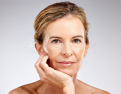 Buy stock photo Beauty, skincare and portrait of senior woman with spa self care routine, natural makeup and anti aging cosmetics. Wellness, luxury wrinkle prevention treatment and face of satisfied elderly person 