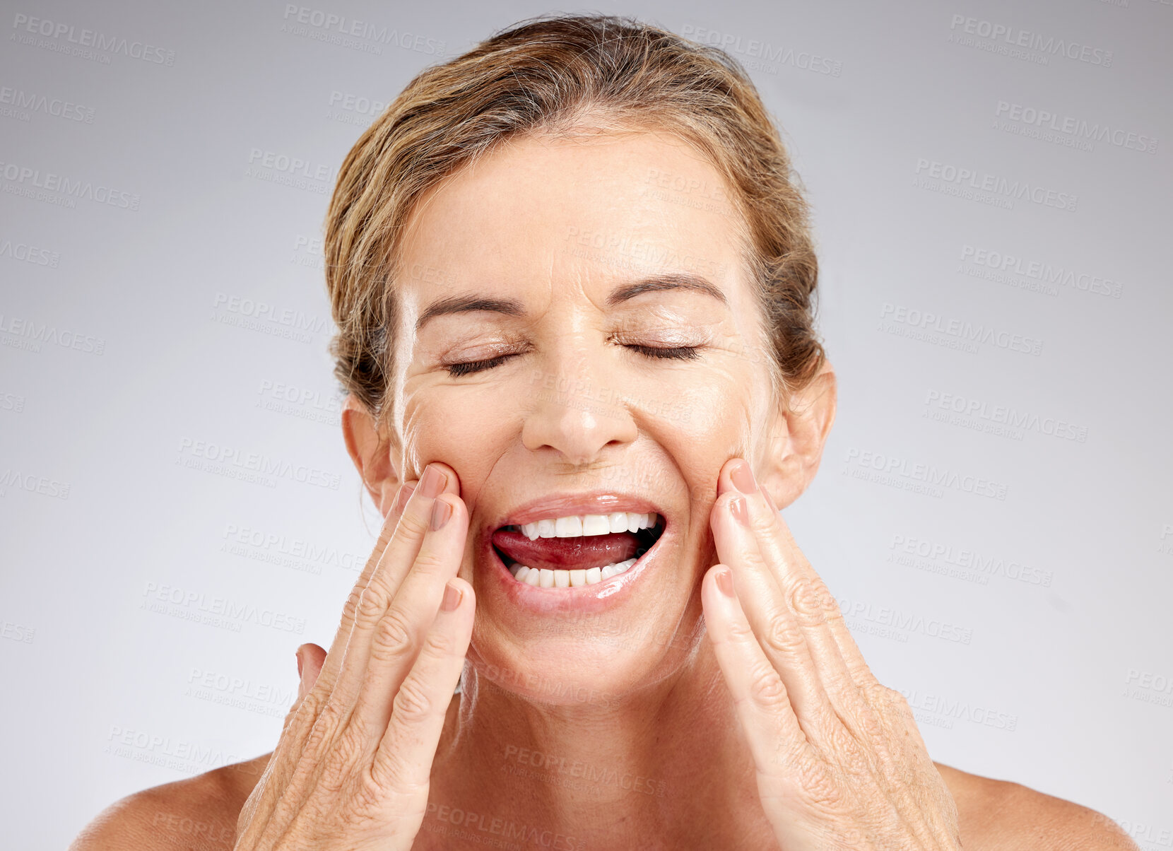 Buy stock photo Skincare, beauty and face of a senior woman with wrinkles doing a wellness, health and anti aging routine. Happy, natural and elderly lady with a self care, organic and cosmetic facial treatment.