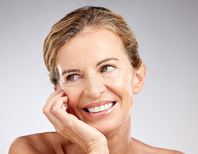 Buy stock photo Skincare, senior woman and with smile being confident, natural beauty and wrinkles in studio background. Elderly female, mature lady and happiness for body care, happy and face glow being proud.