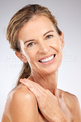 Buy stock photo Beauty, skincare and portrait of mature woman with smile on face, skin glow and natural anti aging makeup with. Health, wellness and happy lady with healthy lifestyle, self love and body positivity.