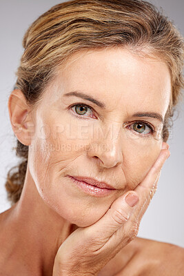 Buy stock photo Senior woman, skincare and face portrait, aesthetic makeup and facial treatment for glowing skin, natural cosmetics and health on studio background. Portrait elderly beauty, dermatology and wellness