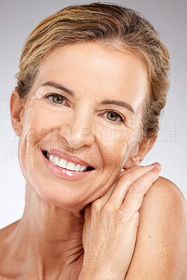 Buy stock photo Beauty, anti aging and wrinkles, skincare and woman, natural cosmetic and aged skin, face and body care advertising portrait. Mature model smile, facial treatment and wellness with studio background
