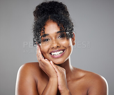 Buy stock photo Beauty, portrait and black woman with hand pose for natural  hair care advertising with smile. Happy model with healthy and shiny curly hair for cosmetic marketing with grey studio mockup.