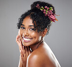 Black woman, smile and skincare for wellness, being happy and with grey studio background. Natural beauty cosmetics and African American girl being confident, body care and happiness for smooth skin.