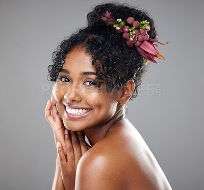 Buy stock photo Black woman, smile and skincare for wellness, being happy and with grey studio background. Natural beauty cosmetics and African American girl being confident, body care and happiness for smooth skin.