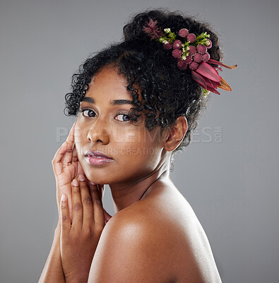 Buy stock photo Black woman, beauty and hair in skincare art for makeup, cosmetics or treatment against a grey studio background. Portrait of African American female model with beautiful hairstyle and care for skin